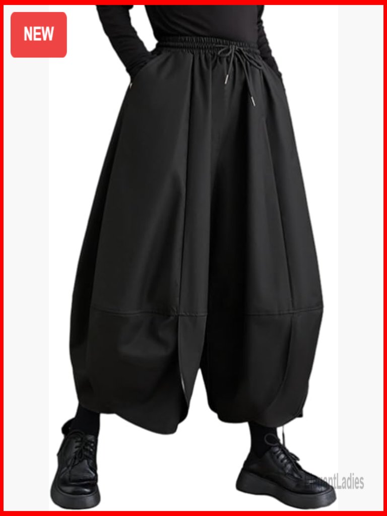 Drawstring Elastic Waist Harem Pants Wide Leg Casual Polyester Rayon Blend
